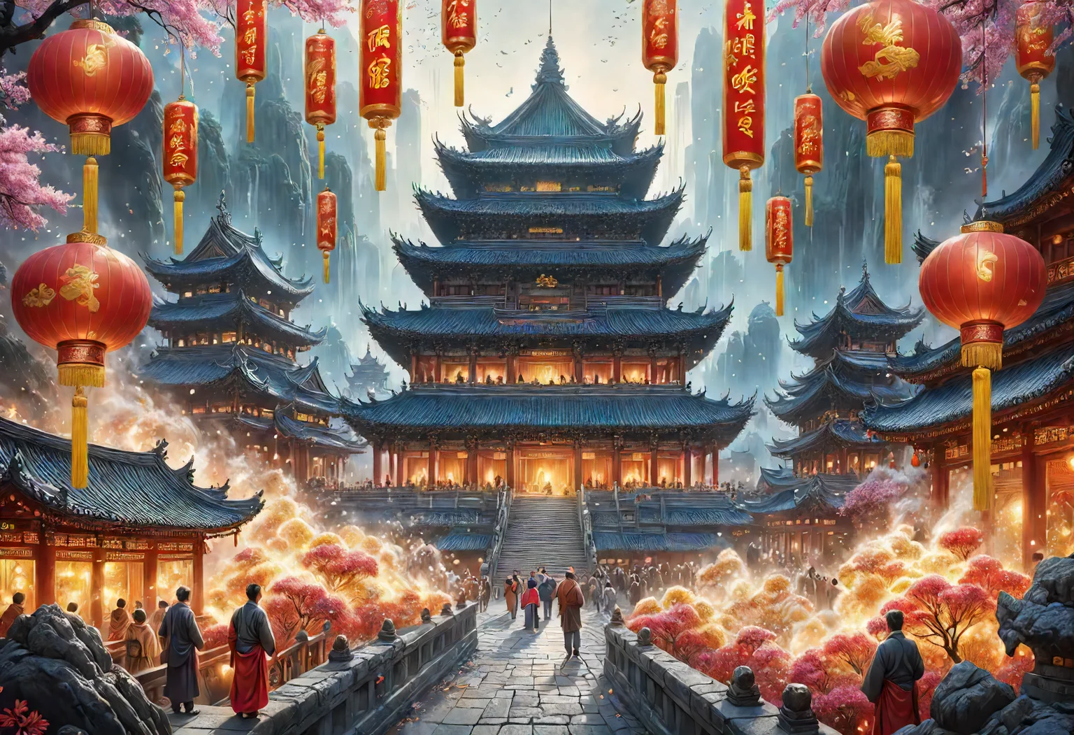 hyper detailed masterpiece,realistic, lunar newyear, Ink and wash painting, Cheerful, Spring scrolls, Vertical banners with wishes for the new year, Hanging decorations in red and gold, symbols of happiness and prosperity, Temples, Busy with worshippers praying for good fortune, surrounded by incense smoke and festive decorations, Fireworks and firecrackers, Lanterns <lora:SDXL\DetailedEyes_V3><lora:ClearHand-V2>,<lora:released\DonM3t3rn1tyXL-v1.1-000008>