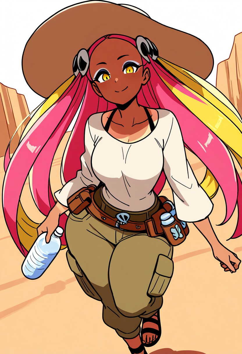 masterpiece, best quality, solo, curvy, beautiful eyes, narrow waist, wide hips, 1girl, solo, smile, looking at viewer, dynamic angle, foreshortening, close up,    zzPlumeria, pink hair, multicolored hair, blonde hair, two-tone hair, long hair, yellow eyes, hair ornament, quad tails, eyeshadow, skull hair ornament, dark skin,   ,<lora:PlumeriaPokemonIXL_v2:1.0>,[Desert Oasis], lightweight tan linen shirt with rolled-up sleeves, wide-brimmed sun hat, mirrored sunglasses, loose cargo pants, leather sandals, utility belt with water bottle holder, sun-drenched desert dunes with sparse cacti, camel caravan in the distance, preparing for a desert trek,