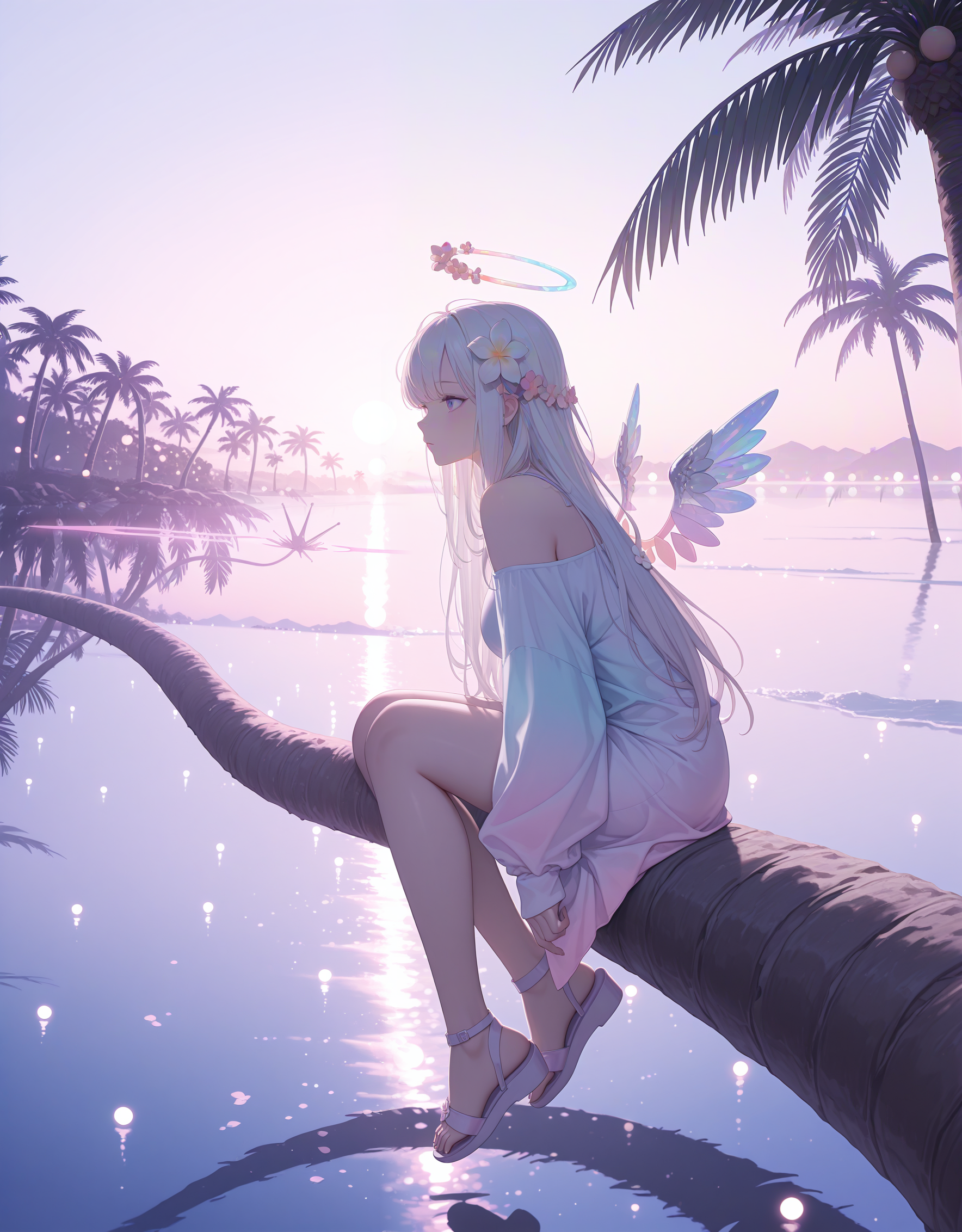 <lora:white:1>,incredibly_absurdres, highres, masterpiece, newest, 1girl, hair ornament, wings, hair flower, flower, solo, long hair, sitting, white hair, palm tree, halo, sandals, tree, bangs, outdoors,pastel colors, iridescent, blurry, soft_light,sunny,scenery, depth of field, bokeh,
