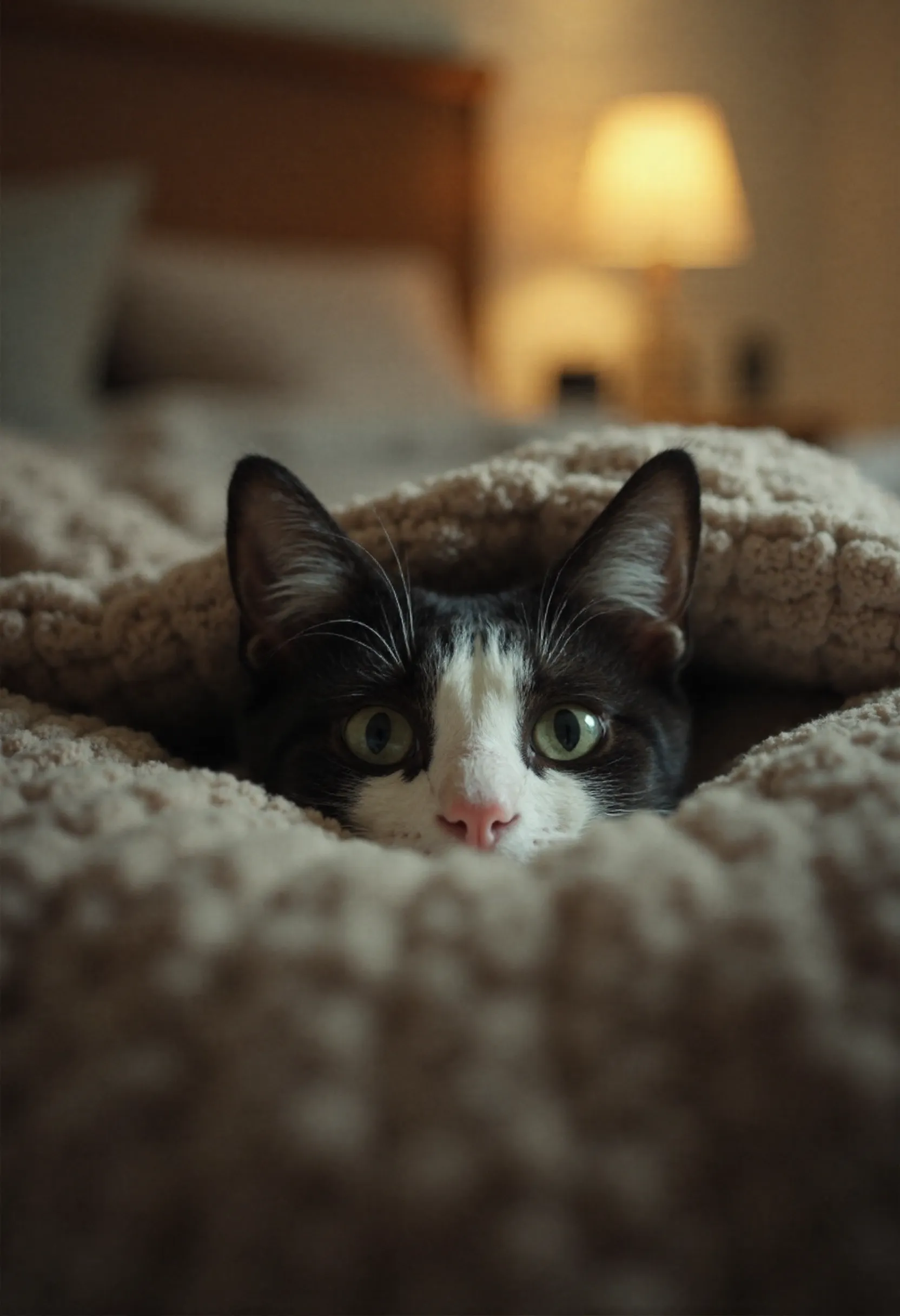 A curious cat's face peering over the edge of a bed, shot from beneath the covers. The cat's eyes are wide and bright, and its whiskers brush the camera lens. The background reveals the underside of a cozy duvet and the faint glow of a bedside lamp. cinematic_1940s cinematic_octane