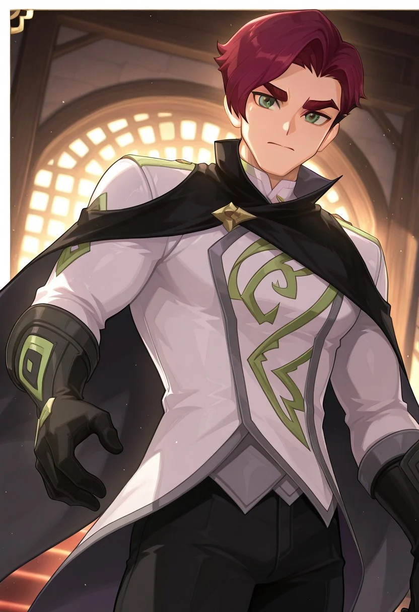 source_anime, anime, animification, (1boy, bara, muscular, mephisto \(lolirock\), short hair, red purple hair, green eyes, detailed eyes, small eyes, thick eyebrows, white jacket, black cape, black gloves, black pant), dynamic angles, looking at viewer, depth of field, masterpiece, best quality, absurdres, newest, perfect quality, best quality, absolutely eye-catching, detailed background, intricate details
