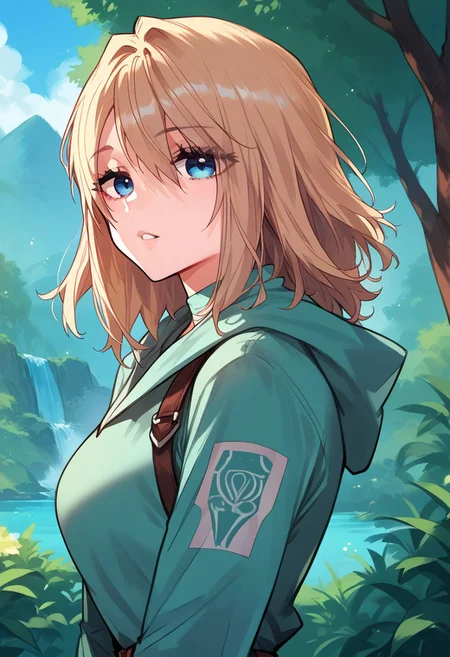 zPDXL3, score_9_up, score_8_up, score_7_up, (Anime_source), 1girl, Olivia, blue eyes, light brown hair, medium hair, adventure clothes, looking at viewer, parted lips, from side