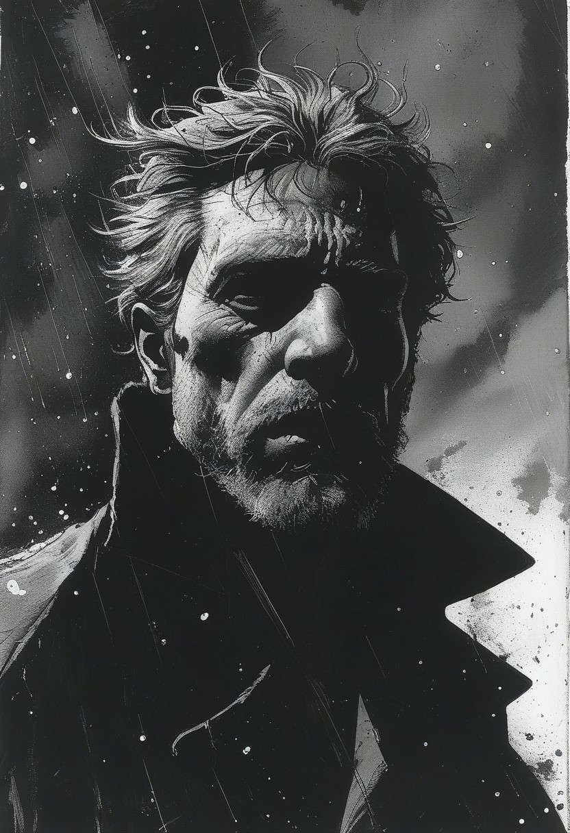 masterpiece,best quality,<lora:tbh236-sdxl:0.8>,illustration,style of  Frank Miller, portrait, middle aged man, dark grey hair, trimmed beard, black and white, yellow color accents
