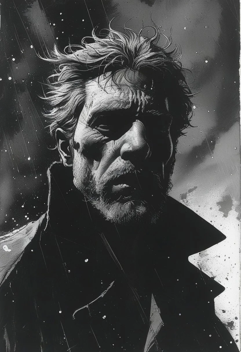 masterpiece,best quality,<lora:tbh236-sdxl:0.8>,illustration,style of Frank Miller, portrait, middle aged man, dark grey hair, trimmed beard, black and white, yellow color accents