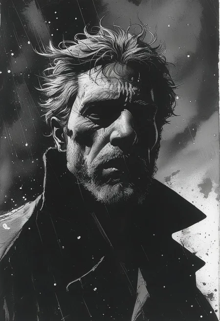masterpiece,best quality,<lora:tbh236-sdxl:0.8>,illustration,style of Frank Miller, portrait, middle aged man, dark grey hair, trimmed beard, black and white, yellow color accents