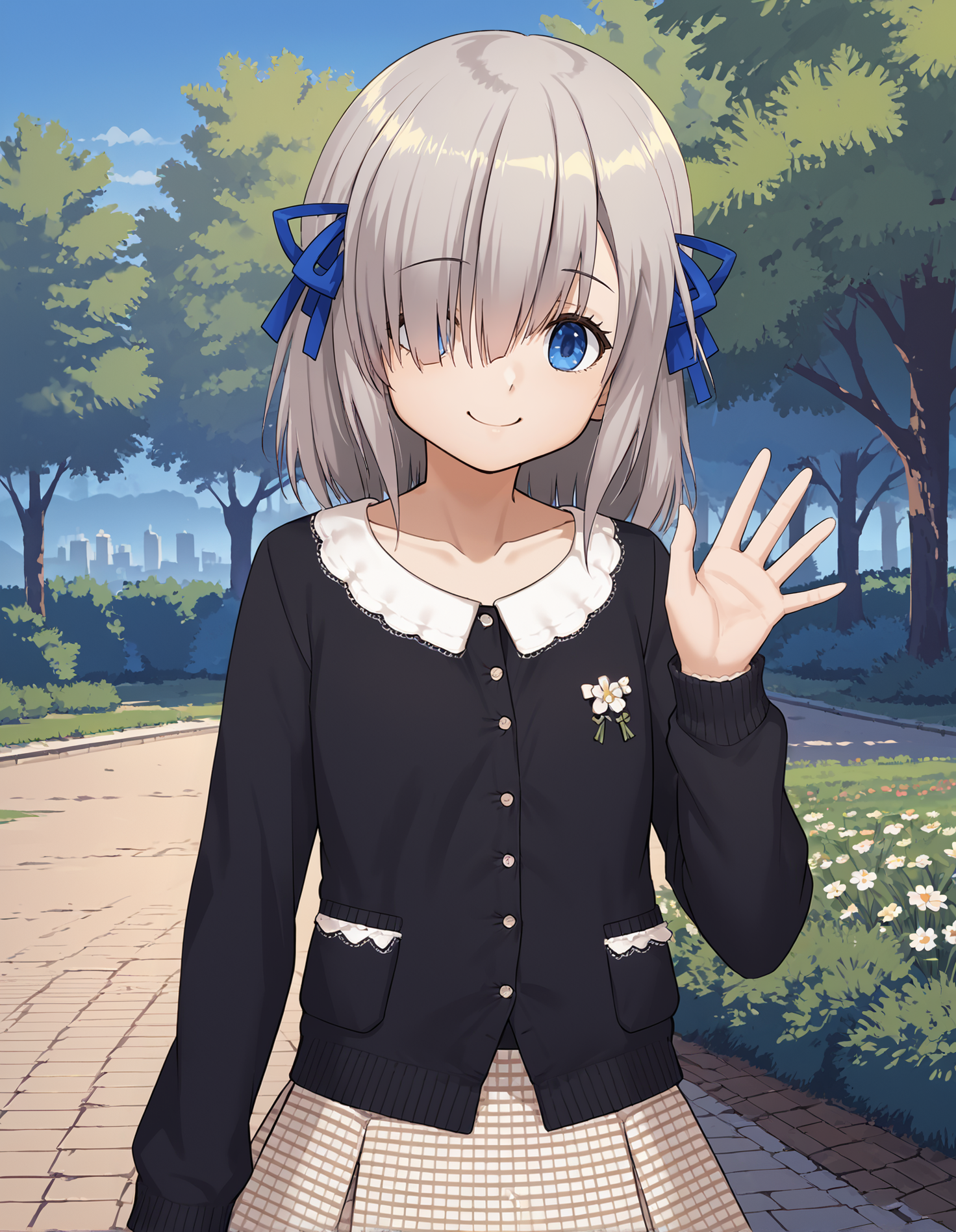 score_9, score_8_up, source_anime, 1girl, upper body, medium shot, detailed, mgrcisuzuren, renpbc, grey hair, medium hair, blue eyes, one eye covered, blue hair bows, black cardigan, white puritan collar, flower pin, white checkered skirt, hand up, waving, smiling, outdoors, park, <lora:mgrcisuzuren_XL:1>