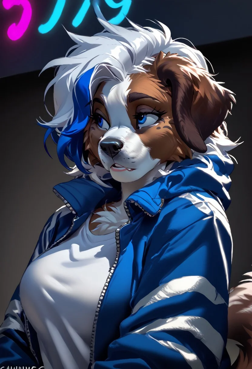 score_9, score_8_up, score_7_up, (by kittydee:1.5), (by jailbird:1.5), (by zummeng:1.5), masterpiece, best quality,
(Furry Art: Anthro: Saint Bernard:1.5), 1girl, expressive eyes, feminine eyes, perfect face, feminine face, dog, canine, multicolored fur, brown fur, white fur, black fur, black fur spots around eyes, floppy ears, (large breasts), perfect face, blue eyes, (multicolored hair), (white hair with neon blue highlights:1.5), (mohawk hair), (t-shirt), jacket,
