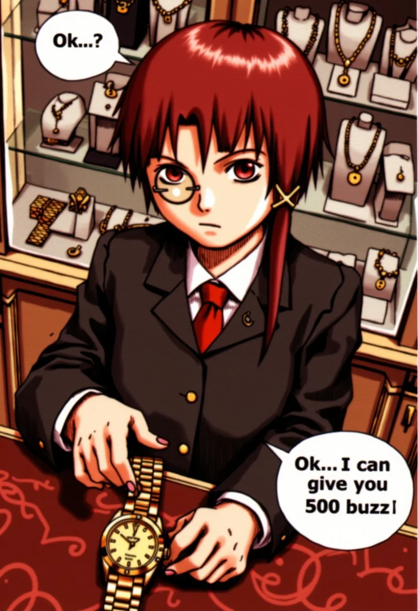 Anime drawing of Lain Iwakura sitting behind an opulent, polished desk in a high-end jewelry showroom, dressed impeccably in a tailored suit and tie, her demeanor exuding sophistication and exclusivity. With a monocle held delicately over one eye, she examines a luxurious gold watch with a skeptical, slightly snobbish expression, her lips pursed as she scrutinizes every detail of the piece. A speech bubble hovers beside her, reading, "Ok... I can give you 500 buzz," conveying her discerning and exacting standards.
The surrounding environment is unmistakably that of a luxury jewelry store, with display cases of sparkling diamond necklaces, intricately designed bracelets, and an array of Rolex watches arranged with meticulous care. The lighting is soft and refined, casting a gentle glow over the jewels, enhancing the allure of the space. Behind her, sleek glass cabinets showcase the finest selections, each item radiating a sense of exclusivity and grandeur. The atmosphere is calm yet tense, every detail suggesting a world where only the finest craftsmanship is worthy of consideration, while Lain’s scrutinizing gaze and skeptical expression reinforce her role as a discerning jeweler unwilling to settle for anything less than perfection.