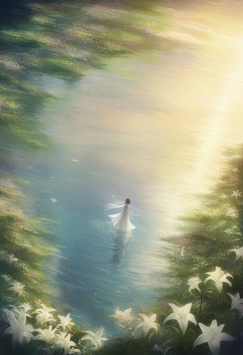 detailed background, from above,( Calm spring  landscape), amongst lush greenery, beautiful view, Flower Field, lily flower in full bloom, lily flower, early morning, sunrise sky, beautiful clouds, dappled beautiful, Tranquil Lake, Walkway, petals dancing in the wind, depth of field, masterpiece, best quality, ultra-detailed, very aesthetic, illustration, perfect composition, intricate details, absurdres, moody lighting, wisps of light, no humans,