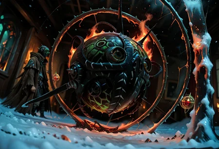 masterwork, masterpiece, best quality, wide angle, scene, depth of field, high detail, deep colour, high contrast, highly detailed, epic cinematic concept art, (octane render:1.6), (3d shading:1.6),  dynamic lighting, (Dreamlike surrealist painting:1.8),
(the world is burning (inside a glass sphere:1.9) :1.5), watched by a demon, surreal female demon, red eyes, swirling cloak turning into threatening clouds,
snow, glowing footprints, burning tears scorch the land, eldritch, horror, gdv2-illu,