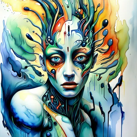 surreal, expressive,biomorphed,hybrid,transsapien,with((( an expression of awe))),,watercolour,primary but complimentary  colours ,epic futuristic masterpiece, 8k , keep all of figure in frame