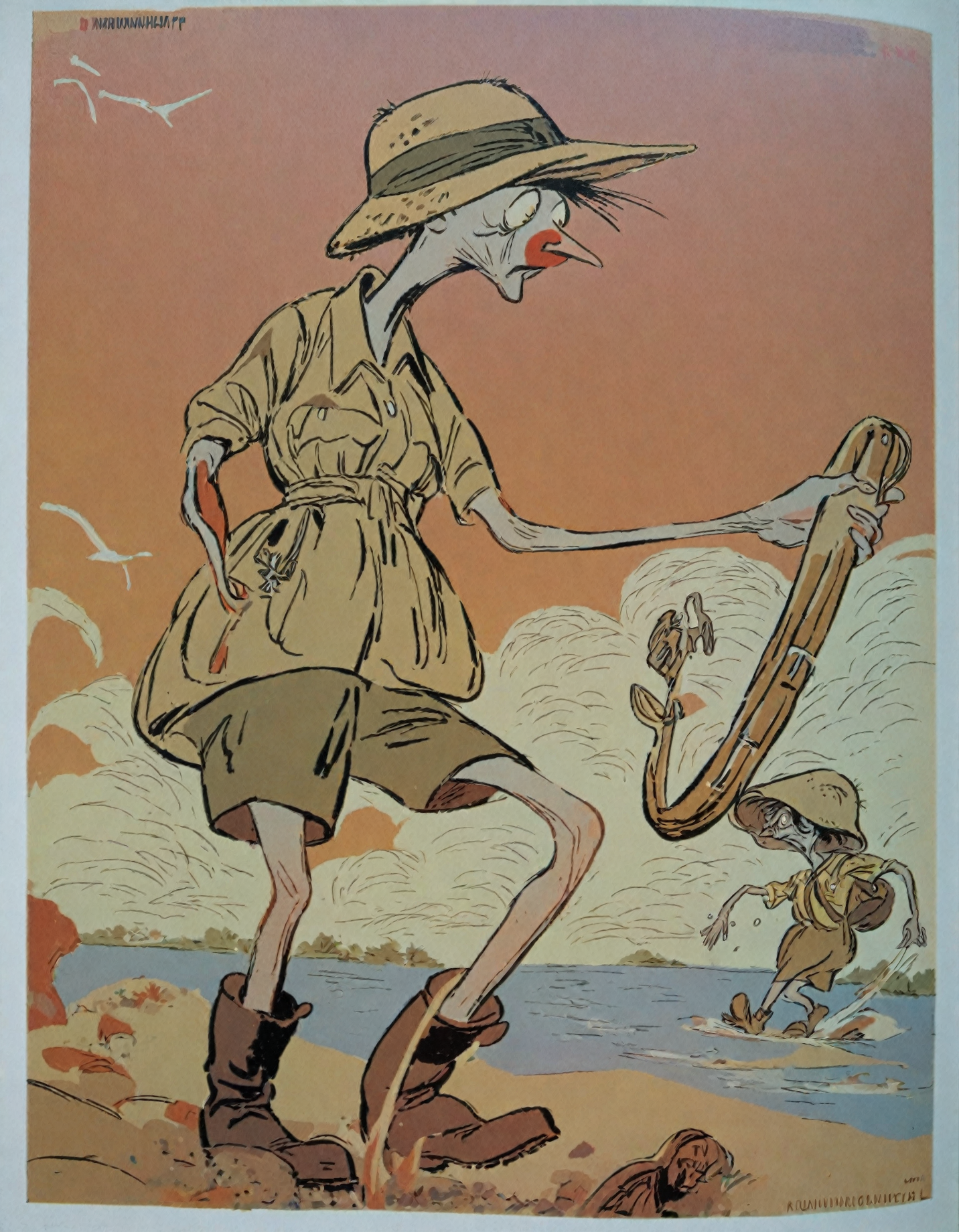 <lora:kukryniksy_pony_v3:1.0> '  caricature  parody ' by Kukryniksy in 1943, caricature \(genre\), Socialist Realism \(style\),1girl,  safari shirt dress, safari shorts, hiking boots, wide-brimmed hat, score_9, score_6_up, score_7_up