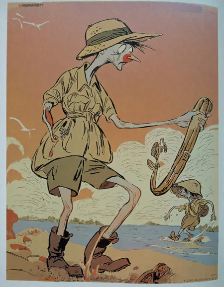 <lora:kukryniksy_pony_v3:1.0> '  caricature  parody ' by Kukryniksy in 1943, caricature \(genre\), Socialist Realism \(style\),1girl,  safari shirt dress, safari shorts, hiking boots, wide-brimmed hat, score_9, score_6_up, score_7_up