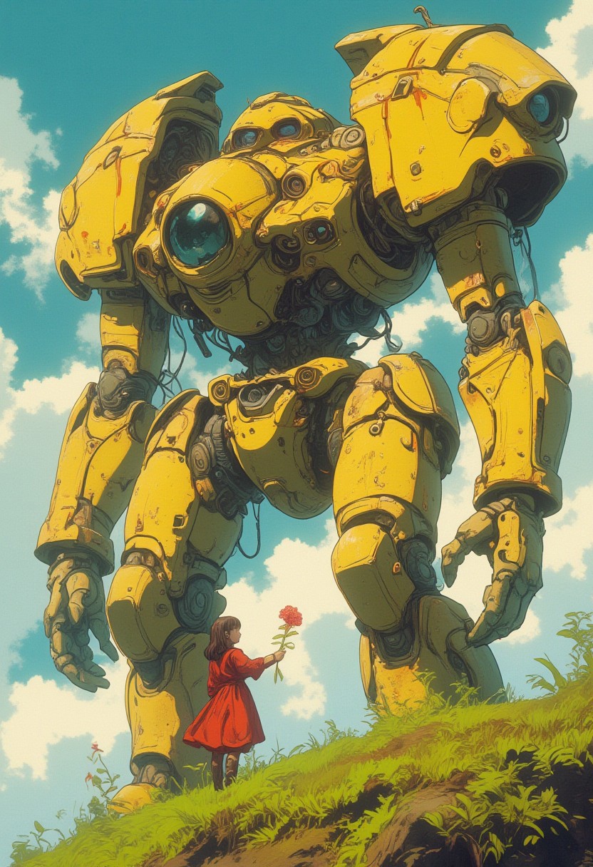 A highly detailed art of a massive yellow mech, towering over a young girl in a red dress. The mech appears weathered, with visible mechanical components, gears, and worn paint. The girl stands on a grassy hill, holding out two red flowers towards the mech with a gentle and hopeful expression. The scene has a melancholic mood heartwarming tone, with soft clouds