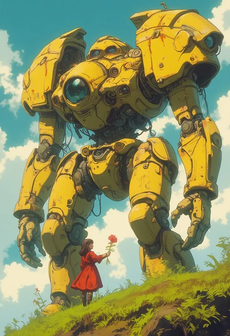A highly detailed art of a massive yellow mech, towering over a young girl in a red dress. The mech appears weathered, with visible mechanical components, gears, and worn paint. The girl stands on a grassy hill, holding out two red flowers towards the mech with a gentle and hopeful expression. The scene has a melancholic mood heartwarming tone, with soft clouds