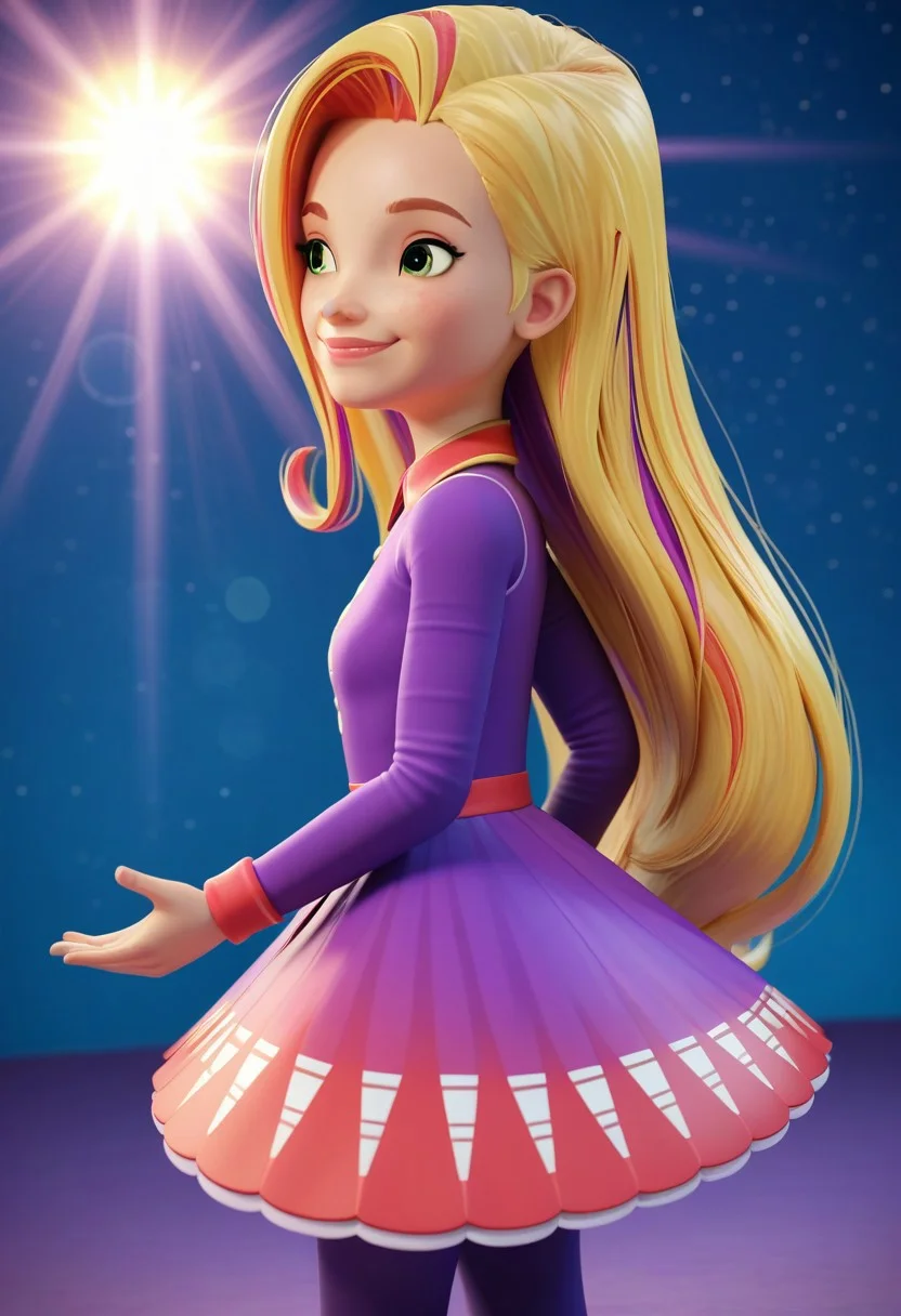 score_9, score_8_up, score_7_up, score_6_up, score_5_up, score_4_up, solo, 3d, graphics rendered by RTX, sidelighting, backlighting, depth of field and lens flare, (style:Generation_6), su_sd, 1girl, long hair, blonde hair, multicolored hair, streaked hair, green eyes, long purple sleeve, skirt, pantyhose, light smile, medium shot, iridescent blue background, cosmic lighting, light rays