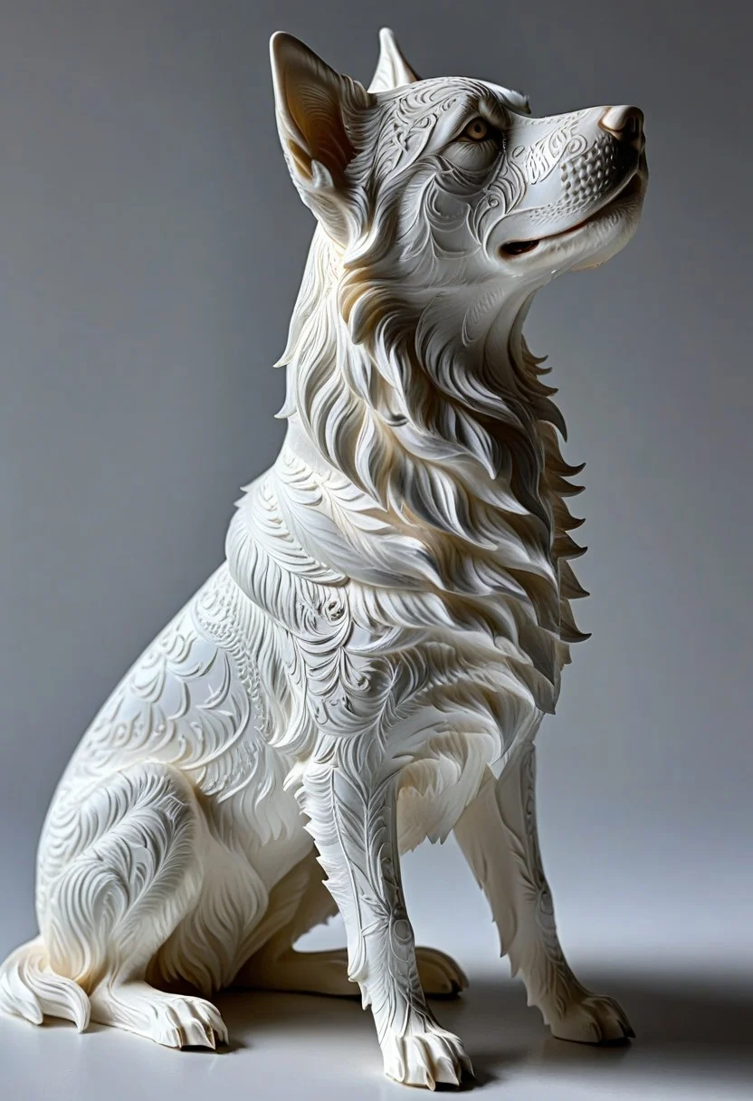 A photorealistic image of a majestic dog figure,
crystalstexture skin,(extremely delicate and beautiful), highly detailed, WhiteMold, art style, 3d printed mold,
intricate details, dramatic composition, contrast, texture, realism, high quality, stunning art, film grain, volumetric lighting, detailed,
background is cozy room,