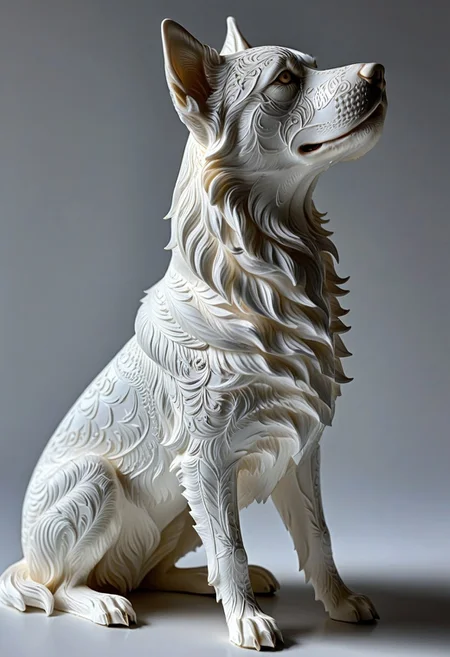A photorealistic image of a majestic dog figure,
crystalstexture skin,(extremely delicate and beautiful), highly detailed, WhiteMold, art style, 3d printed mold,
intricate details, dramatic composition, contrast, texture, realism, high quality, stunning art, film grain, volumetric lighting, detailed,
background is cozy room,