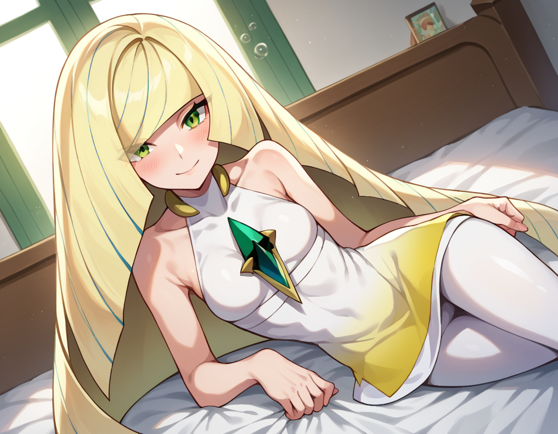 score_9, score_8_up, score_7_up, source_anime,
pokemonlusamine, <lora:pokemon-lusamine-ponyxl-lora-nochekaiser:1>
pokemonlusamine, blonde hair, green eyes, hair over one eye, long hair, multicolored hair, streaked hair, very long hair, smile,
bare arms, diamond \(shape\), dress, gem, green gemstone, leggings, short dress, sleeveless, sleeveless dress, white dress, white leggings,
indoors, bed, bed room, on side, blush, drunk,
looking at viewer, dutch angle, cowboy shot,