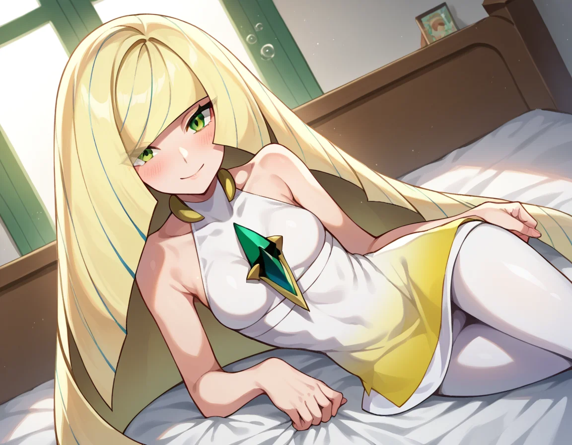 score_9, score_8_up, score_7_up, source_anime,
pokemonlusamine, <lora:pokemon-lusamine-ponyxl-lora-nochekaiser:1>
pokemonlusamine, blonde hair, green eyes, hair over one eye, long hair, multicolored hair, streaked hair, very long hair, smile,
bare arms, diamond \(shape\), dress, gem, green gemstone, leggings, short dress, sleeveless, sleeveless dress, white dress, white leggings,
indoors, bed, bed room, on side, blush, drunk,
looking at viewer, dutch angle, cowboy shot,