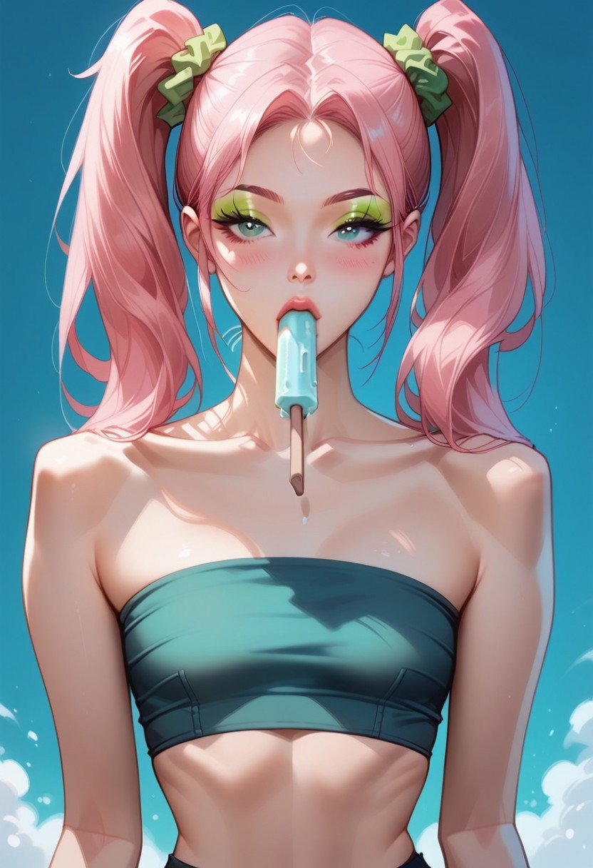 score_9, score_8_up, score_7_up, s3r3n1ty,Serenity,Serenity UOC Style, masterpiece, best quality, 1girl, solo, skinny, flat breasts, blue eyes, pink candy hair, two pigtails, green elastic scrunchie, makeup, green eye shadows, (black long eyes arrows), blush, T-tube top BREAK sucking green popsicle, popsicle in mouth, BREAK medium shot, blue background