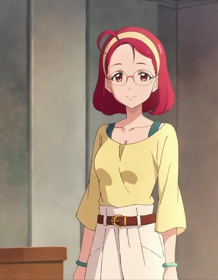 score_9, score_8_up, score_7_up, anime screencap, solo,1girl,hoshinaterumi, glasses, hairband, smile, belt, looking at viewer,white skirt, jewelry, long skirt, bracelet, shirt, short hair, yellow shirt, collarbone, long sleeves,cowboy shot,medium breasts, ,cleavage,<lora:hoshinaterumi:0.8>