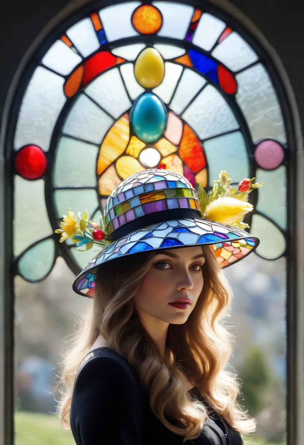 0.3&&easter, stained glass window, festive, easter bonnet (women's hat with decorations), brightly colored eggs dyed, easter egg, symbol of new life and resurrection, , soft, warm lighting