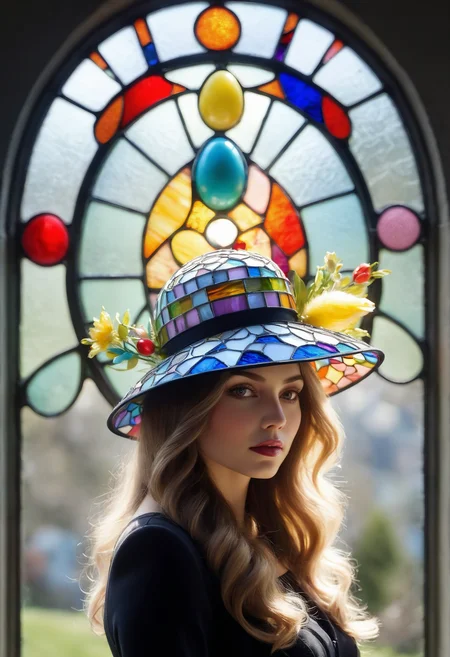 0.3&&easter, stained glass window, festive, easter bonnet (women's hat with decorations), brightly colored eggs dyed, easter egg, symbol of new life and resurrection, , soft, warm lighting