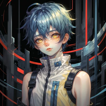 boy face, teen, 18 years old, blue hair, yellow eyes, closed mouth, 
<lora:Cosmic anime-oil fusion v2:1>
<lora:add_detail:1>