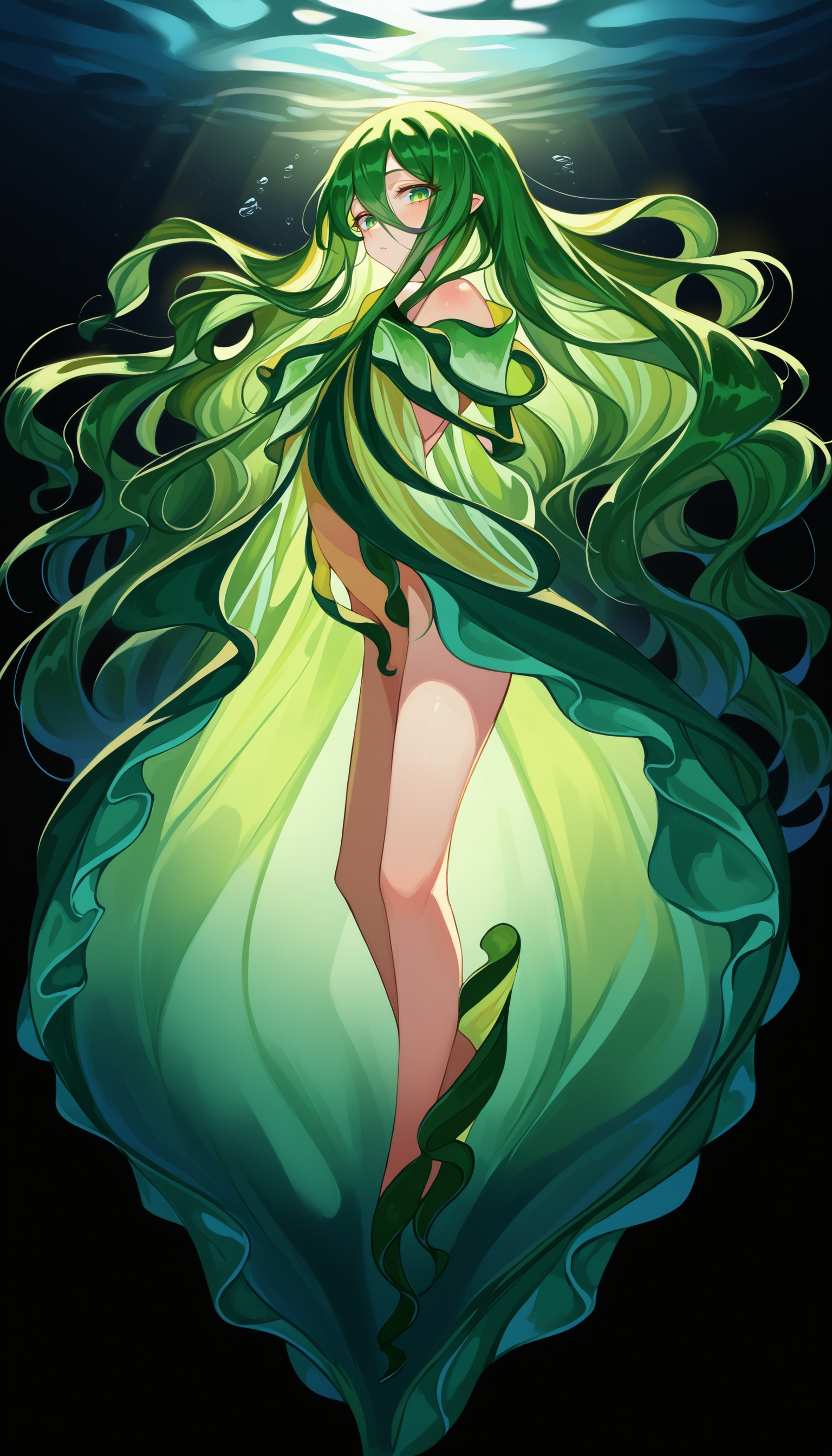 score_9, score_8_up, score_7_up, score_6_up, source anime,
flow kelp, 1girl, :o, absurdres, bare legs, blush, colored skin, full body, green eyes, green hair, green skin, green theme, groin, hair between eyes, long hair, looking at viewer, monster girl, monster girl encyclopedia, pale skin, plant girl, solo, very long hair, wavy hair, underwater, close-up, from side, floating, bioluminescence, night, black background, backlighting
<lora:monmusu_plant_girl_v11:1>