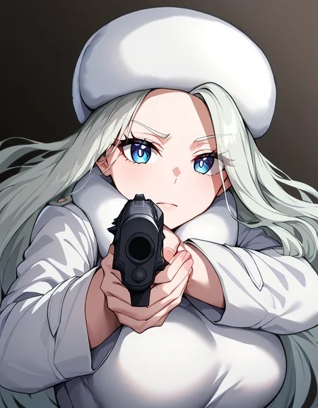 masterpiece, best quality, newest, absurdres, highres, safe,, <lora:pokemon-melony-ponyxl-lora-nochekaiser:1> pokemonmelony, blue eyes, eyelashes, long hair, multicolored hair, streaked hair, grey hair, large breasts, <lora:center-axis-relock-stance-illustriousxl-lora-nochekaiser:1>, center axis relock stance, looking at viewer, holding, closed mouth, weapon, holding weapon, gun, holding gun, handgun, aiming, finger on trigger, aiming at viewer, m1911,, ,