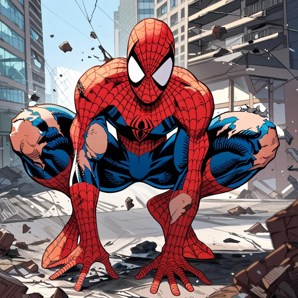score_9,score_8_up,score_7_up,spider web print, solo, 1boy, , spider-man,male focus, torn bodysuit, , superhero,,damaged mask,debris,damaged building