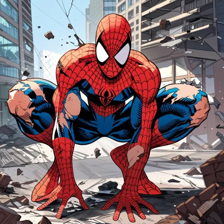 score_9,score_8_up,score_7_up,spider web print, solo, 1boy, , spider-man,male focus, torn bodysuit, , superhero,,damaged mask,debris,damaged building