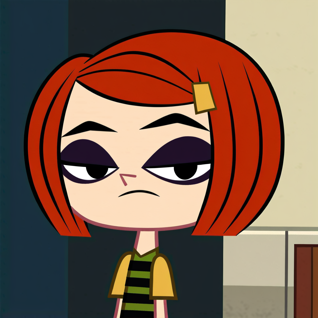 score_9, score_8_up, score_7_up, score_6_up, score_5_up, score_4_up, 1girl, red hair, bob cut, eyeliner, eyeshadow, hairclip, flat chest, narrow waist, wide hips, highres, high quality, masterpiece, <lora:Laney_Penn:1> <lora:flat_color_anime_xl:1>