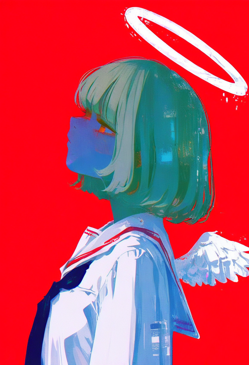 halo, 1girl, solo, wings, short hair, shirt, upper body, angel, profile, from side, sailor collar, simple background, angel wings, white shirt, bangs, red background <lora:748cmXL_NBVP1_lokr_V6311PZ:0.95>