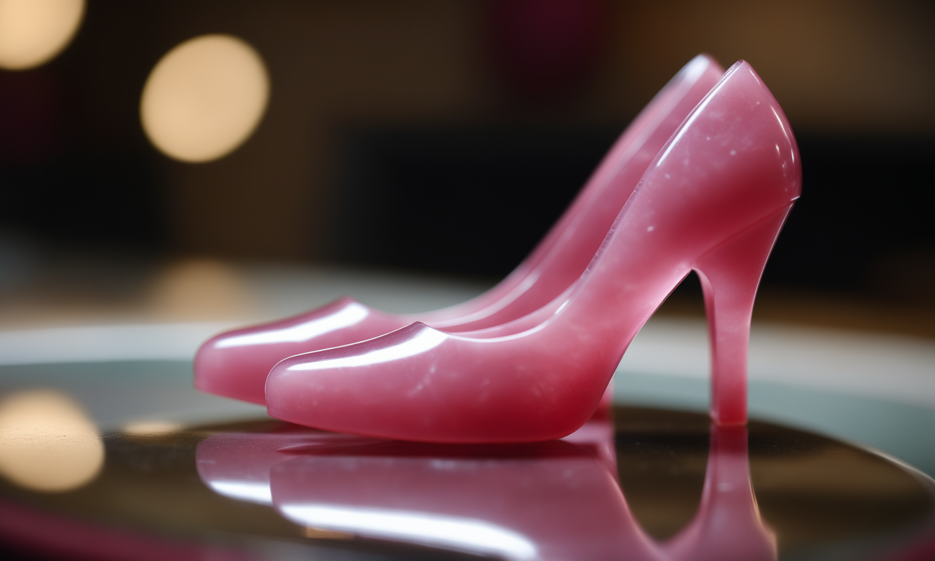 cinematic photo <lora:jadeitecarvingcd_xl-000006:0.3>,a pair of high heels statue made of (pink jadeite:1.3, transparent:1.3) on floor,tilt-shift,miniature,jadeitecarvingcd_xl with (pink theme:1.3),no humans,long-focus,indoors
 . 35mm photograph, film, bokeh, professional, 4k, highly detailed