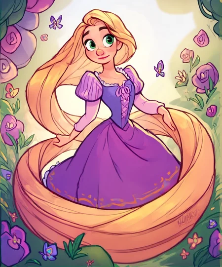 score_9, score_8_up, score_7_up, score_6_up, score_5_up, <lora:RapunzelPonyXL_character:0.7> RapunzelWaifu, purple dress, puffy sleeves, very long hair, blonde, green eyes, <lora:Luigi_Lucarelli_Style:1>