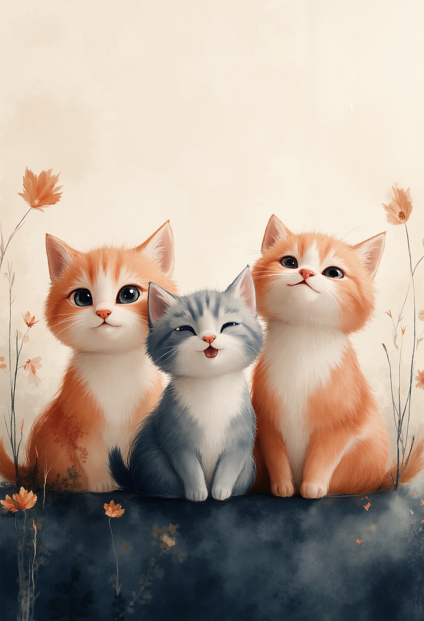 pst007, 3 little cats sitting in a meadow and looking in the camera,