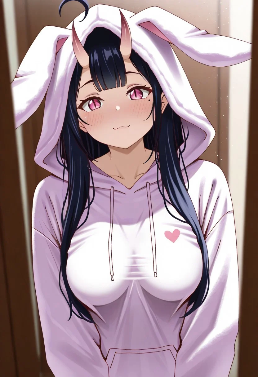 masterpiece, cute, lovely, newest, absurdres, (best quality:1.3), amazing quality, very aesthetic, 1girl, solo, high_resolution, hq, 4k, BREAK. high gradient eyes, very cute, light particles, cute details, cute colors, mature woman, (Poa_Mellhen_Style), oni, oni horns, dark blue hair, straight hair, very_long_hair, blunt bangs, pink eyes, slit pupils, (medium breasts:1.2), sagging_breasts, :3, ahoge, BREAK, in the style of cksc, depth of field,detailed background, volumetric lighting,godrays, detailed eyes,expressive eyes,highres, blurry, heart, long_sleeves, looking_at_viewer, mole ,mole_under_eye, sharp_maker, cinematic lighting, detailed clothes, vivid colors, fine texture, harajuku rabbit ear jacket, hoodie, hood up, rabbit ears,