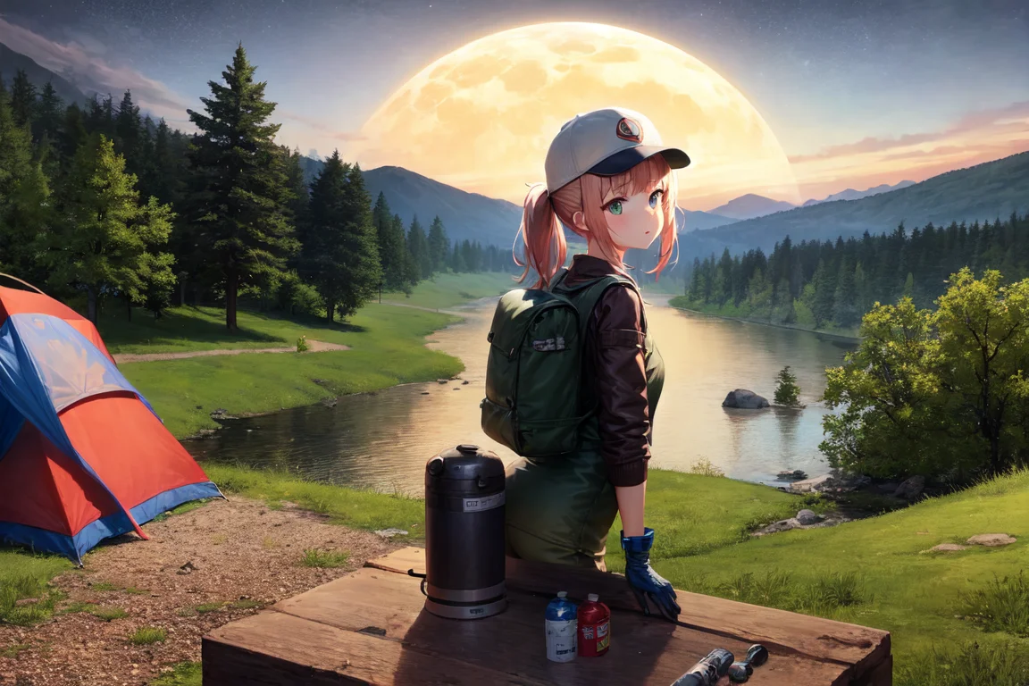 masterpiece, best quality, ultra-detailed, illustration, 1girl, solo, outdoors, camping, night, mountains, nature, stars, moon, bonfire, tent, twin ponytails, green eyes, cheerful, happy, backpack, sleeping bag, camping stove, water bottle, mountain boots, gloves, sweater, hat, flashlight, forest, rocks, river, wood, smoke, shadows, contrast, clear sky, constellations, Milky Way, peaceful, serene, quiet, tranquil, remote, secluded, adventurous, exploration, escape, independence, survival, resourcefulness, challenge, perseverance, stamina, endurance, observation, intuition, adaptability, creativity, imagination, artistry, inspiration, beauty, awe, wonder, gratitude, appreciation, relaxation, enjoyment, rejuvenation, mindfulness, awareness, connection, harmony, balance, texture, detail, realism, depth, perspective, composition, color, light, shadow, reflection, refraction, tone, contrast, foreground, middle ground, background, naturalistic, figurative, representational, impressionistic, expressionistic, abstract, innovative, experimental, unique