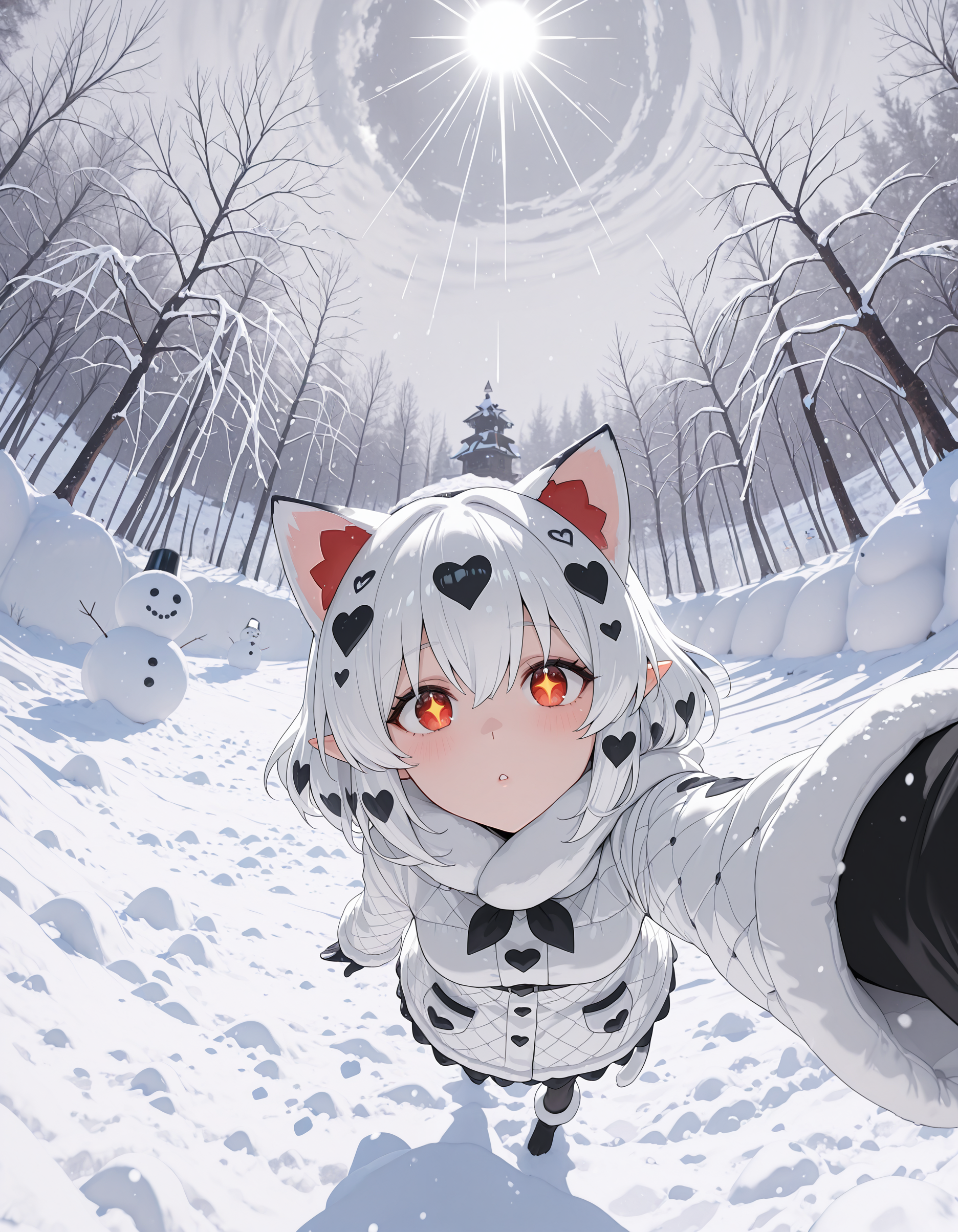 incredibly absurdres, masterpiece, absurdres, high quality,re4lity_sync_illu, <lora:re4lity:1>,1girl,selfie, +_+, white hair, patterned hair,heart pattern, red eyes,cat cat ears, pointy ears, snowing, snow cat personification, fisheye, light rays,igloo, snowman , detailed_background,incredibly absurdres, masterpiece, absurdres
