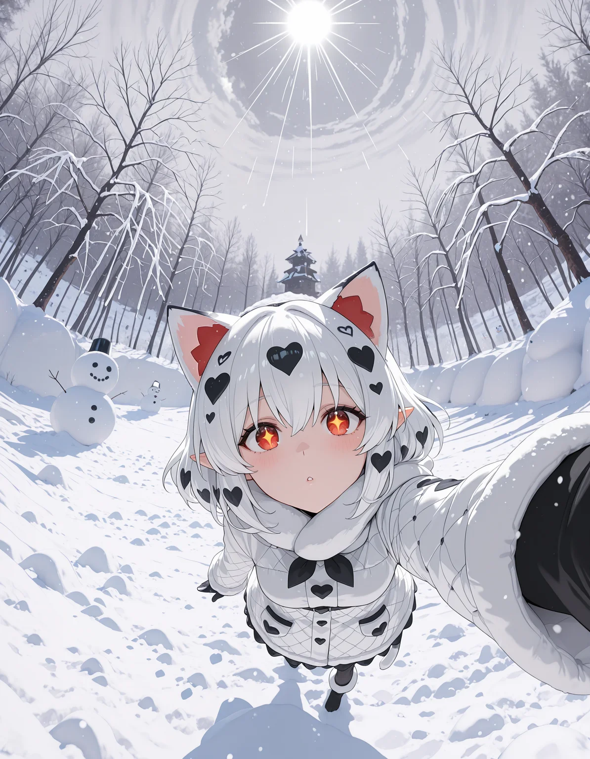 incredibly absurdres, masterpiece, absurdres, high quality,re4lity_sync_illu, <lora:re4lity:1>,1girl,selfie, +_+, white hair, patterned hair,heart pattern, red eyes,cat cat ears, pointy ears, snowing, snow cat personification, fisheye, light rays,igloo, snowman , detailed_background,incredibly absurdres, masterpiece, absurdres