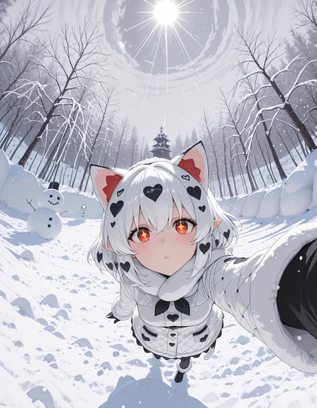 incredibly absurdres, masterpiece, absurdres, high quality,re4lity_sync_illu, <lora:re4lity:1>,1girl,selfie, +_+, white hair, patterned hair,heart pattern, red eyes,cat cat ears, pointy ears, snowing, snow cat personification, fisheye, light rays,igloo, snowman , detailed_background,incredibly absurdres, masterpiece, absurdres