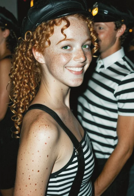 high quality, masterpiece, best quality, realistic, 
1girl, solo, 
cloe_marceau, 18yo, petite, slim, ginger, ginger hair, curly hair, youthful appearance, green eyes, adorable face, freckles, very small cute butt, ponytail,
black suspender pants, striped_shirt, black french hat, 
subject_focus, high_quality, perfect lighting, standing, masterpiece, adorable face, light_particles, clothed, laughing, at a crowded party, slightly parted lips,  exquisite detail, highres, candid photo