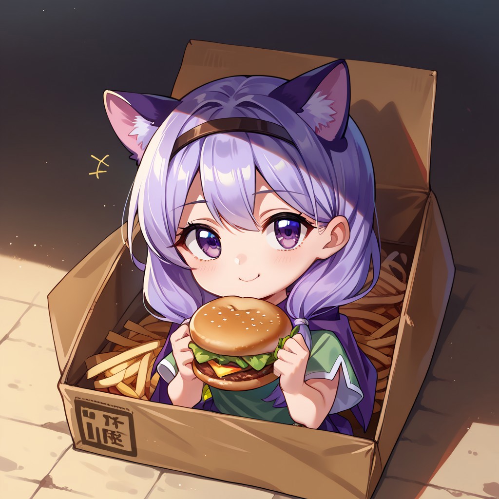 score_9, score_8_up, score_7_up, source_anime, , cat ears, score_9, score_7_up,b0xe,in box,chibi,cardboard box, sitting, score_9, score_7_up, looking at viewer, smile,kirby,BREAK forest, eating, eating burger, wariza, from above, BREAK expressionless, <lora:IlyanaPoRXL:1> ilyanaPoR, lavender hair, bangs, lavender eyes, miniskirt, purple skirt, green shirt, short sleeves, pink capelet, ribbon, circlet, <lora:chibi_box_b0xe_v2.1:1>
