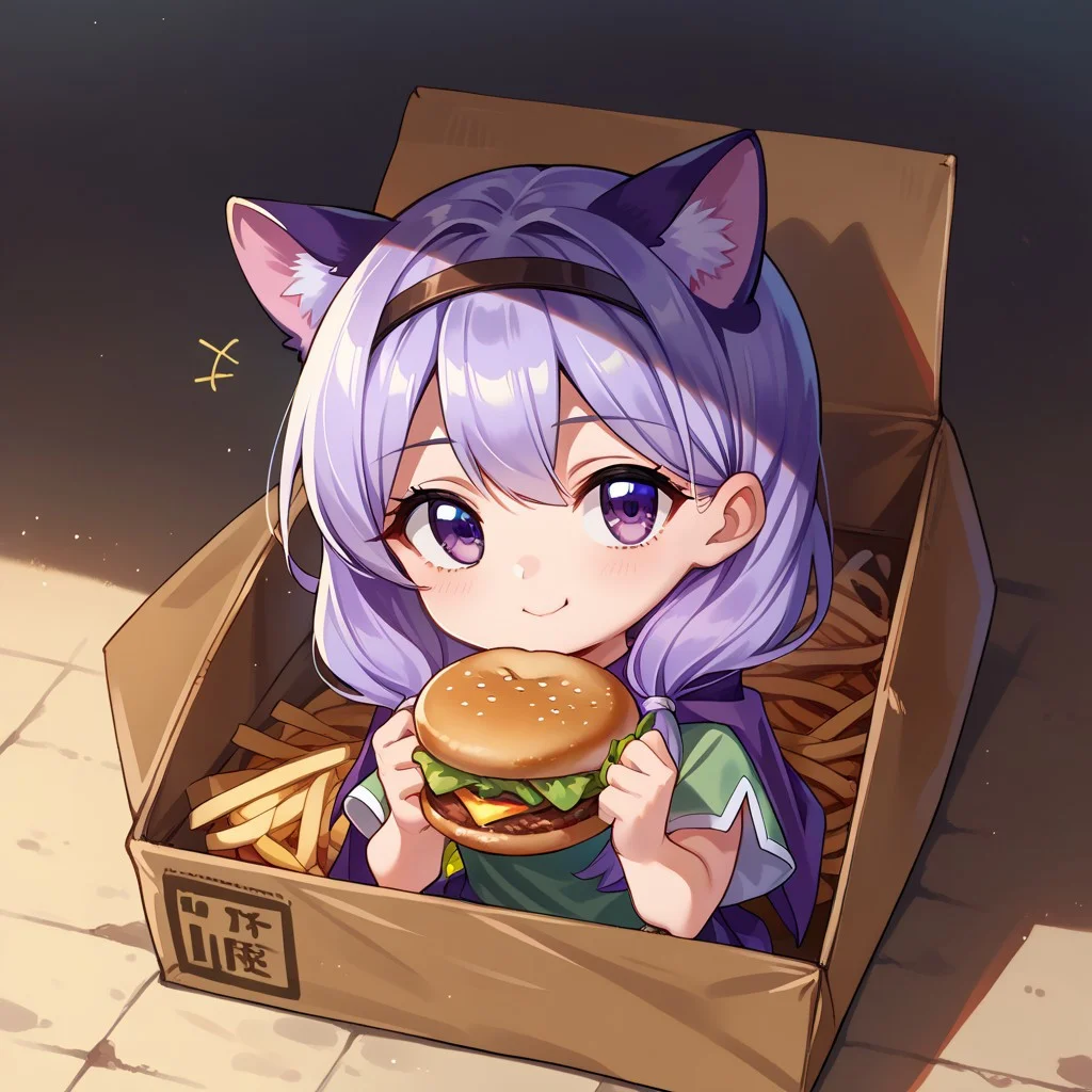 score_9, score_8_up, score_7_up, source_anime, , cat ears, score_9, score_7_up,b0xe,in box,chibi,cardboard box, sitting, score_9, score_7_up, looking at viewer, smile,kirby,BREAK forest, eating, eating burger, wariza, from above, BREAK expressionless, <lora:IlyanaPoRXL:1> ilyanaPoR, lavender hair, bangs, lavender eyes, miniskirt, purple skirt, green shirt, short sleeves, pink capelet, ribbon, circlet, <lora:chibi_box_b0xe_v2.1:1>