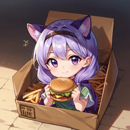 score_9, score_8_up, score_7_up, source_anime, , cat ears, score_9, score_7_up,b0xe,in box,chibi,cardboard box, sitting, score_9, score_7_up, looking at viewer, smile,kirby,BREAK forest, eating, eating burger, wariza, from above, BREAK expressionless, <lora:IlyanaPoRXL:1> ilyanaPoR, lavender hair, bangs, lavender eyes, miniskirt, purple skirt, green shirt, short sleeves, pink capelet, ribbon, circlet, <lora:chibi_box_b0xe_v2.1:1>