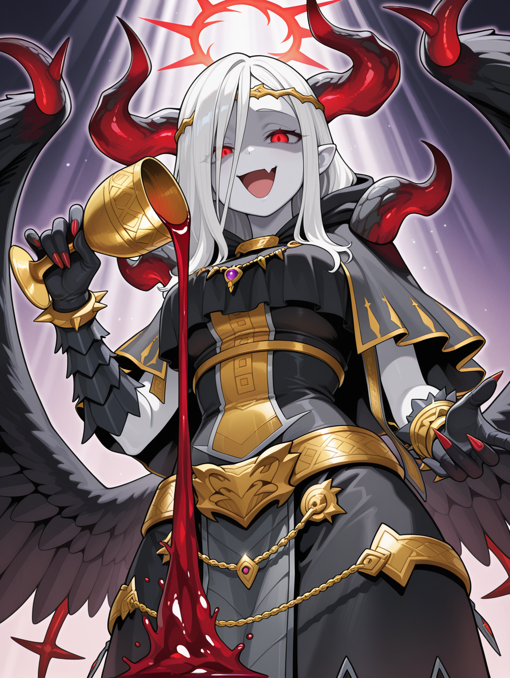 fallen angel,condemned darklord,1girl,skin fang,from below,solo,shaded face,open mouth,evil grin,holding chalice,pouring,looking at viewer,chalice,red nails,white skin,red halo,red wine,gold circlet,black gloves,black feathered wings,black dress,black capelet,light rays,
masterpiece,best quality,amazing quality,very aesthetic,absurdres,newest,<lora:Condemned Darklord illuXL v1.1:0.75>,