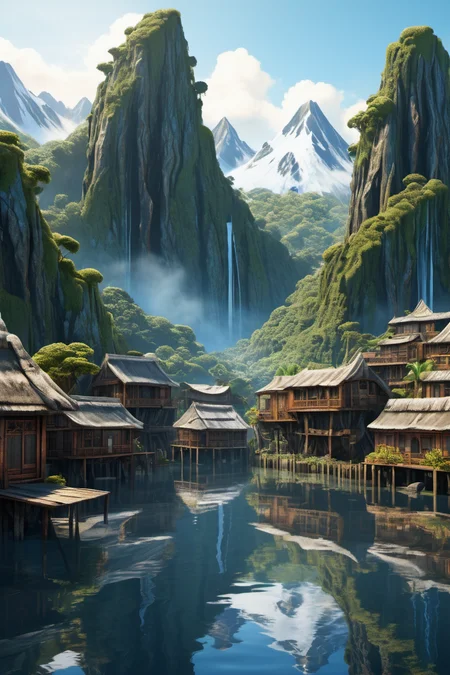 hyper detailed masterpiece, dynamic realistic digital art, awesome quality,weathered surface mountain village
,molten jungle
,maori seaside resort
screen-space reflections,tsunami