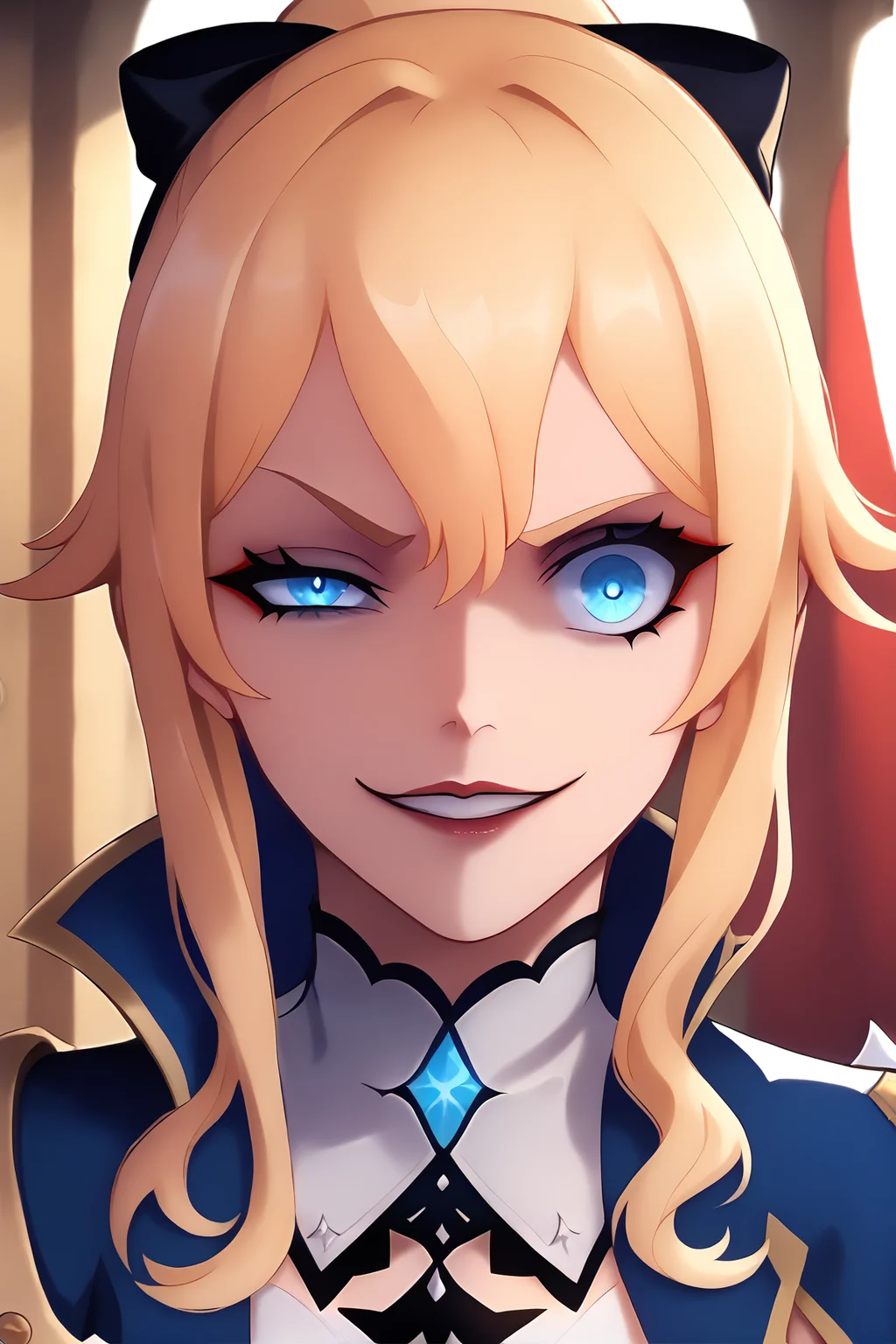 score_9,
<lora:uneven_eyes_v1_unpruned:1>, uneven eyes,
evil grin, 1girl,
parted lips, light smile,
head tilt,
jean \(genshin impact\),
high resolution, Masterpiece